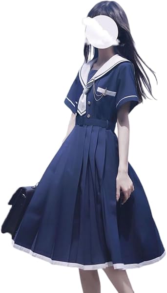 Sailor Uniform, One-Piece, Short Sleeve, Navy Blue, White, High School Girls, 3-Piece Set, Halloween Costume, JK Uniform, Long Skirt, Tie Belt, Button, Girls Uniform, Photography, Cultural