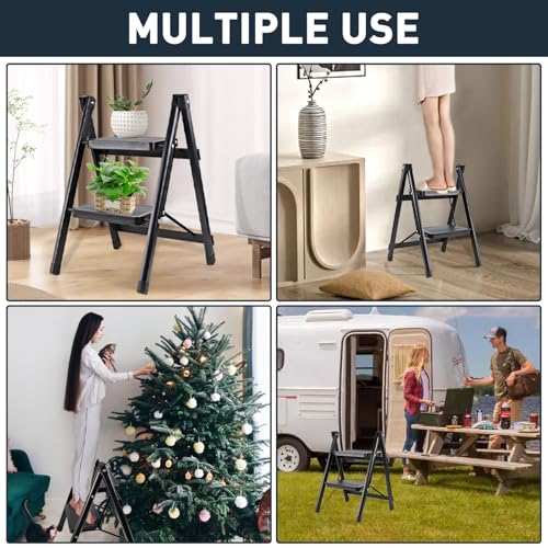 Image of 2-Step Ladder, Folding Step Stool for Kitchen /Closet /Garage, Sturdy & Lightweight Aluminum Handy Ladder, 250 lbs Capacity, Anti-Slip Pedals, Compact & Portable for Home DIY & Everyday Use