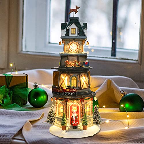 Vipush Christmas Village House Decorations Resin Vintage Clock Tower Christmas Home Decor Indoor Building Figurines Revolving Train With Led Light And 8 Christmas Music For Kids (Clock Tower) #TOP4
