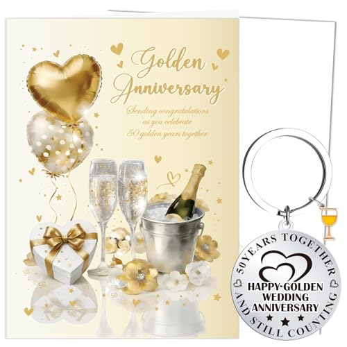 Luvart 50th Wedding Anniversary Card Gift - Golden Wedding Anniversary Greeting Card with Keychain Happy 50 Years Marriage Gifts for Parents Friends Him Her Spouse Couples