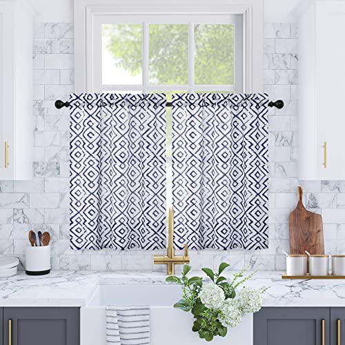 Faironly Diamond Lattice Kitchen Tiers Geometric Trellis Plaid Pattern Curtains 24 Inch Length Cafe Curtains 2 Packs Room Darkening Window Treatment Vintage Home Decor, 26" W X 24" L, Navy Blue #TOP2