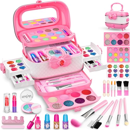 Hollyhi 58pcs Kids Real Makeup Sets for Girls Safe Washable Children Pretend Dress Up Toys Make Up Starter Kit Princess Holidays Birthday Gifts for Age 3 4 5 6 7 8 9 10 11 12 Year Old Girl (Pink)