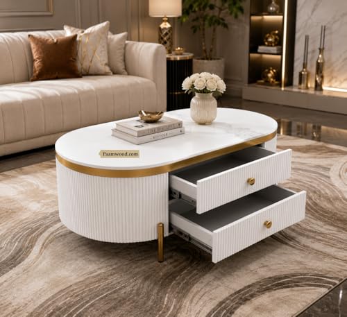 Image of Tesla Centre Table, 42x24x18 Inch, Nano Composite White Marble Top, Gold Accents, 2-Drawer Storage, Oval Design, Waterproof Plywood, PVD Legs, Modern Coffee Table for Living /Entryway