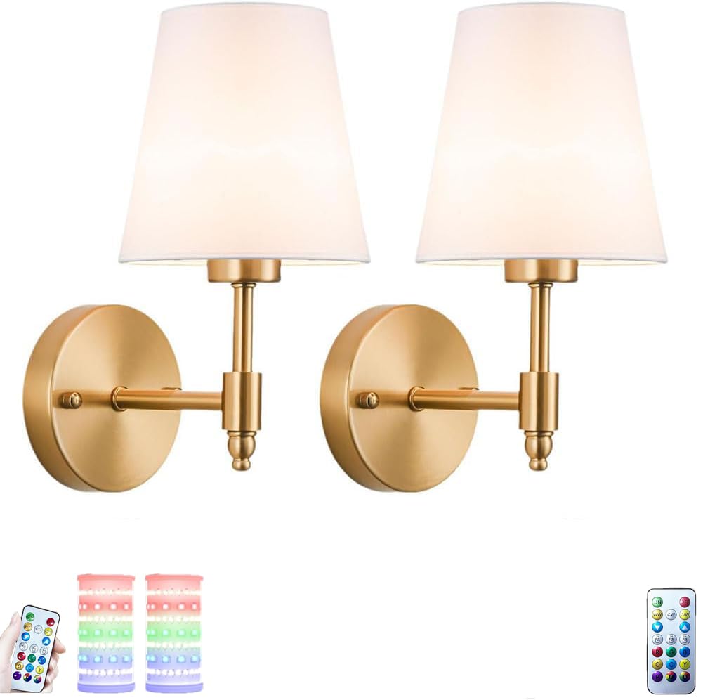 Akku Wandleuchte Innen Stoffschirm Wandlampe mit Fernbedienung Ohne Stromanschluss Wandleuchten Dimmbare Leinen Lampenschirm Nachttischlampe Batterie USB Aufladbare 2 Stück Leselampe Wand LED RGB