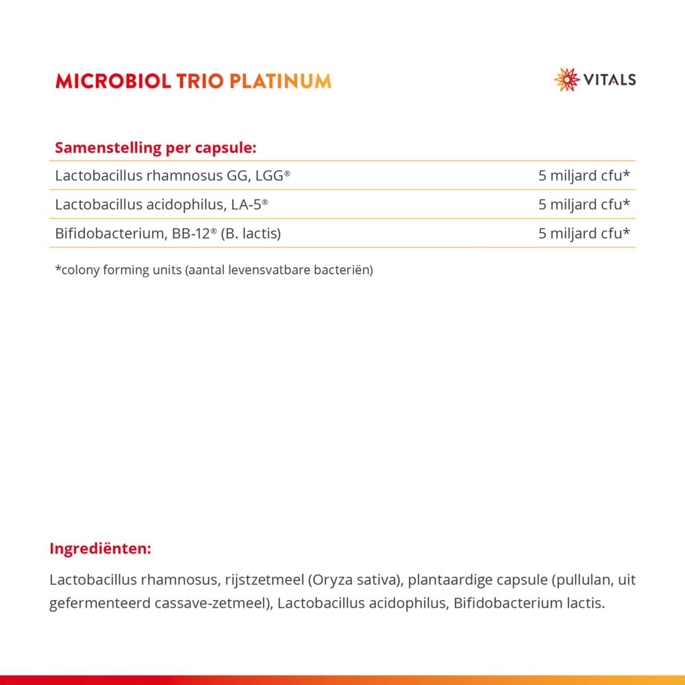 Vitals - Microbiol Trio Platinum 60 Kapseln. Probiotikum mit sehr hoher Dosis: 15 Milliarden lebende Bakterien von 3 bekannten Stämmen (Lactobacillus rhamnosus GG). Bakterien kommen lebend an.