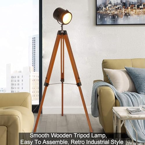 Image of Adjustable Vintage Wood Tripod Floor Lamp for Living Room, Spotlight Black