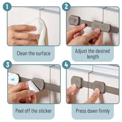 Image of Bates- Child Safety Strap Locks, 6 Pack, Warm Gray, Baby Cabinet Locks with Adjustable Strap Length