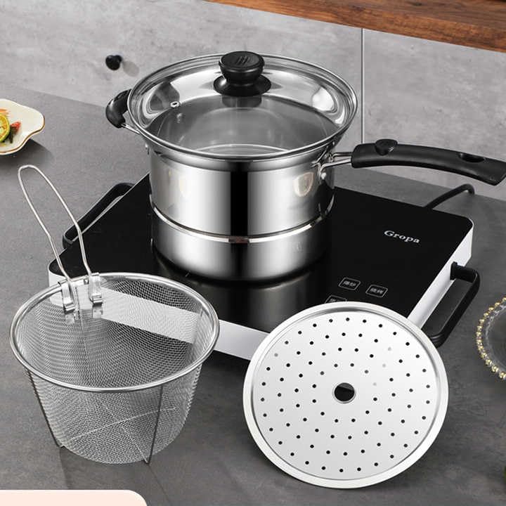 Image of Small Deep Frying Pot with Strainer Basket,1200ml Stainless Steel Pan with Handle,Ideal for Frying French Fries /Chicken Wings /Shrimp /Boiling Butter /Gravies (2 in 1 Frying Pot)