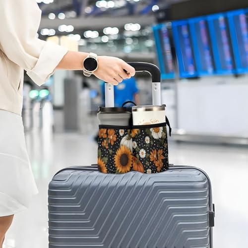 Image of Luggage Cup Holder for Suitcases Free Hands Suitcase Cup Holder Travel Luggage Drink Holder Portable Luggage Cup Caddy Bag Carrier with Handle Black Dotty Pumpkins Sunflowers Daisy