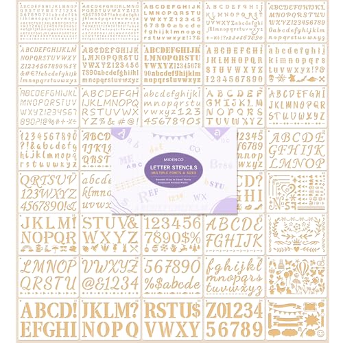 Midenco 22 Fonts 13 Sizes (0.25-2) Small Letter Stencils for Painting 38Pcs Reusable Alphabet & Number Stencils in Script & Cursive for Wood Crafts