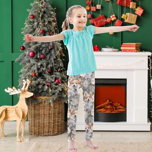 Girls' Leggings Retro Pattern Cute Corgi Dog Flower Ankle Length Printed Leggings Comfort Pants for Kids 4-10 Years3