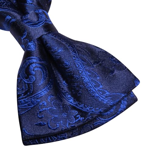 Image of Hi-Tie Bow Tie Men Pre Tied Bowtie Pocket Square Cufflinks Lapel Pin Formal Wedding Bow Ties for Men Party Tuxedo Bowtie Set,Blue Paisley Floral