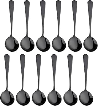 BISDARUN Broth Round Spoon Set, 12 Piece Reusable Stainless Steel Dinner Table Cereal Soup Spoon, Camping Ramen Spoons Black