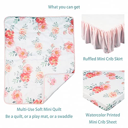 Image of La Premura Mini Crib Bedding Set for Girls, Watercolor Floral Baby Nursery Portable Crib Set, 3 Piece, Pastel Pink