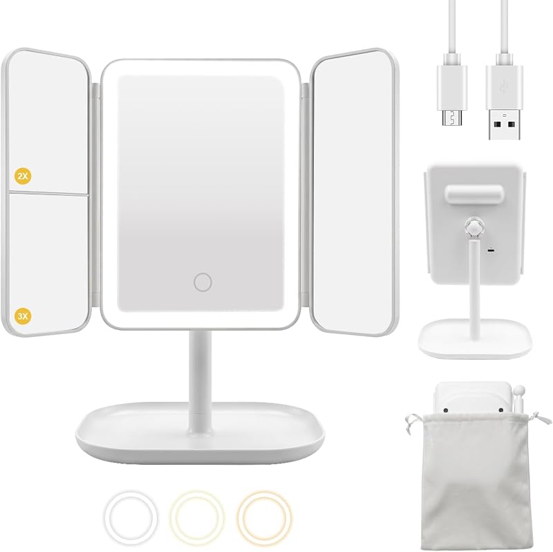 Espelho de maquiagem triplo com iluminação LED Hoxutym, ampliação 3X/2X/1X, bateria recarregável de 3000 mAh, 3 modos de luz, ajuste de brilho, branco
