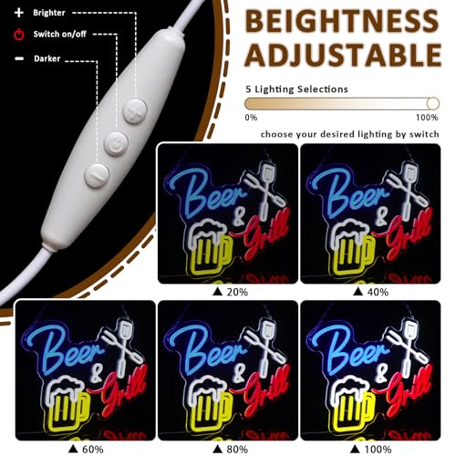 Image of Beer And Grill Neon Sign for Wall Decor, Grilling Led Signs for BBQ Bar, USB Dimmable 15.75 inch x 11.97 inch Neon Lights for Beer Bar Home Pub Restaurant Patio Man Cave Wall Art