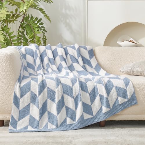 Image of Snuggle Sac Chevron Throw Blanket for Couch, Reversible Super Soft Warm Blankets Cozy Knit Fuzzy Plush Lightweight Throws for Sofa, Bed, Camping, Blue, 50x60 inches