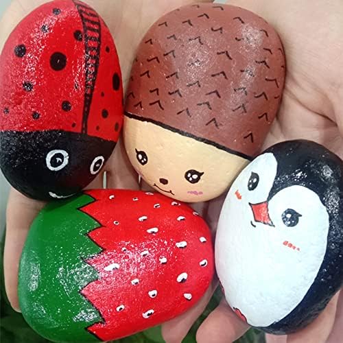 YUNSTK Large Pebbles for Painting, 10pcs Grey Stones for Painting, 6-9cm Rock Painting Kit with 12pcs 3ml Acrylic Paints and 2 Paint Brushes, Smooth Pebbles for Crafts, Arts, and Garden Decoration