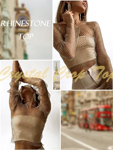ELLEVEN Rhinestone Crystal Crop Top, Long Sleeve Mesh Body Chains See Through Cover up Sparkly Glitter Shirt Party Club Wear4