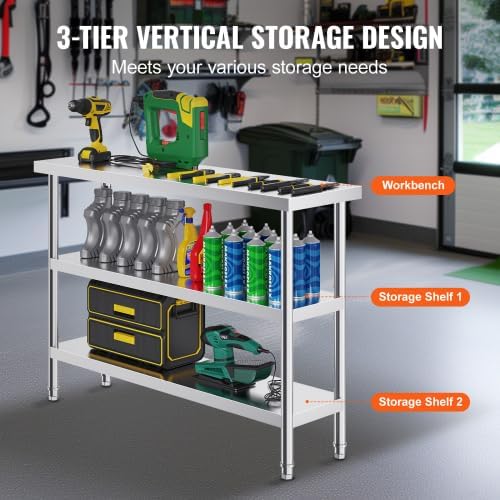 Donext Stainless Steel Food Prep Worktable, 14×48×34 Inches,Without Wheels, Commercial Kitchen Workstation with 2-Tier Adjustable Lower Shelf, for Kitchen, Home and Garage