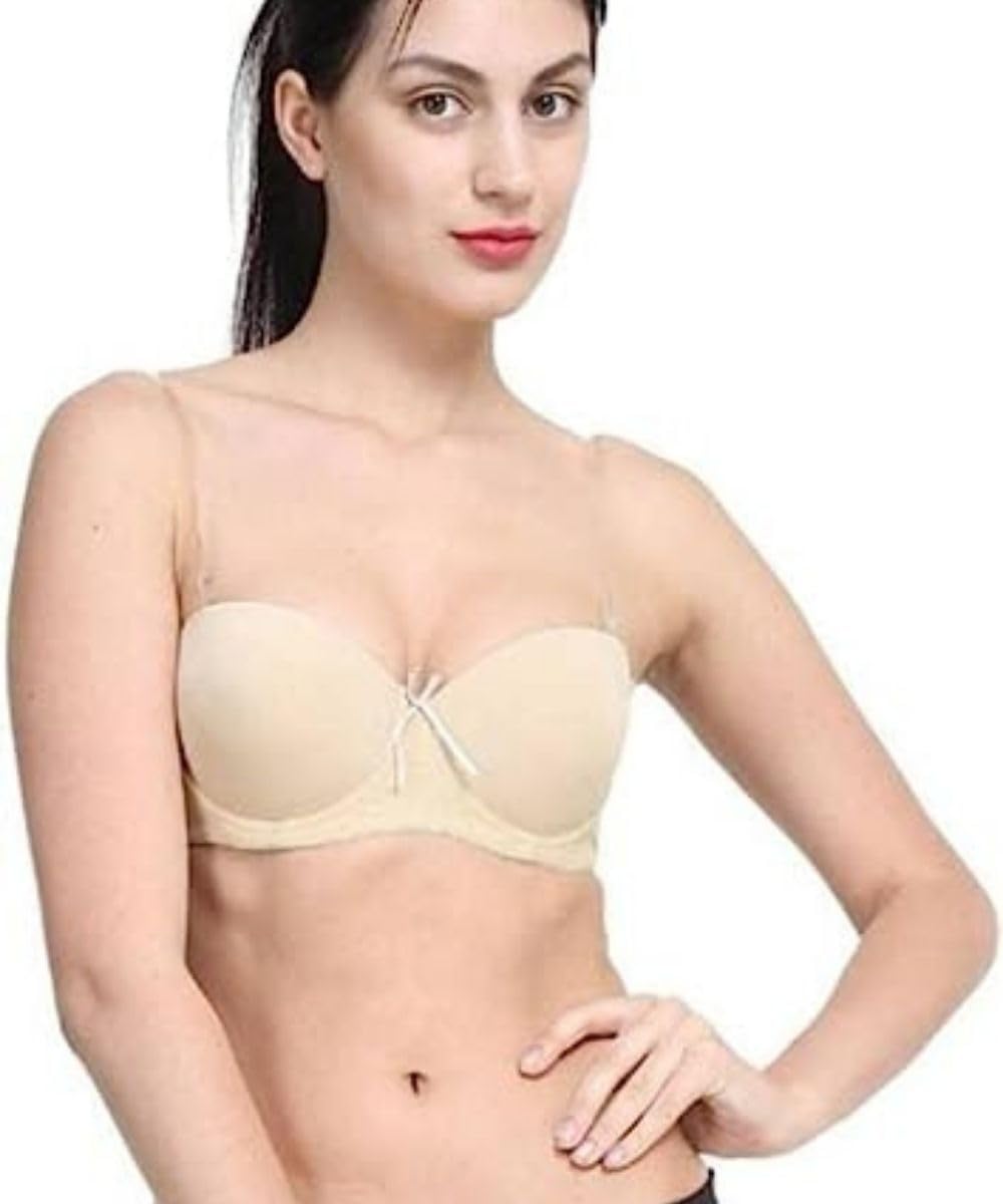 brachy Women Cotton Nylon Spandex Padded Underwire Strapless Backless Invisible Clear Transparent Back Push up Bra with (Free Extra Transparent Strap)-picture-47