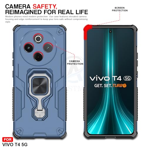 Image of AESTMO Armor Back Cover for Vivo T4 5G / iQOO Z10 5G | Ring Holder & Kickstand & Camera Protection in-Built | 360 Degree Protection Back Case Cover (Blue)