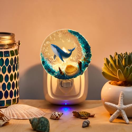 Image of Hortsun Plug in Seashell Night Light Ocean Sea Animal Decorative Night Light Plug in Beach Lamps Vintage Ocean Lamps for Adult for Home Bedroom Living Room Bathroom Wall(Whale)