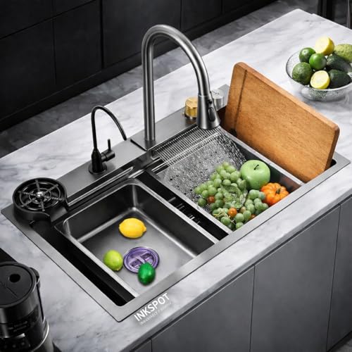 Image of Kitchen Sink | 30x18x9 Inch Waterfall Sink for Kitchen | 304 Grade Stainless Steel Basin with Honeycomb Black Finish Design Waterfall Integrated Pull Down Faucet
