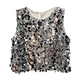 Ikevan Sequin Tank Top for Teen Girls Party Glitter Vest Sparkly Sleeveless Crewneck Shirts Stage (Silver, 7-8 Years)