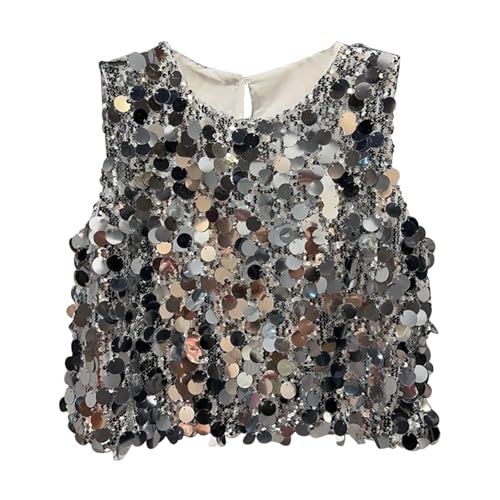 Ikevan Sequin Tank Top for Teen Girls Party Glitter Vest Sparkly Sleeveless Crewneck Shirts Stage (Silver, 7-8 Years)