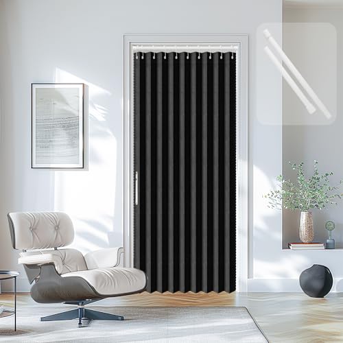 Image of AJAZZ Blackout Magnetic Door Curtain with Curtain Rods 39-52 in Length Pleated Door Curtain Folding Door Invisible Applicable Bedroom Room Living Room Doorway (1 Panel, 53 W x 78 L, Black)
