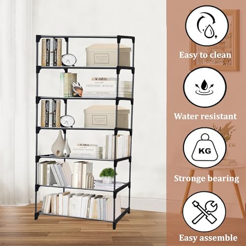 Image of 7 Tier Metal Book Shelf Tall Narrow Storage Rack for Kids and Adults Modern Bookshelf Unit for Nursery, School, Home, and Office, Floor Mount Open