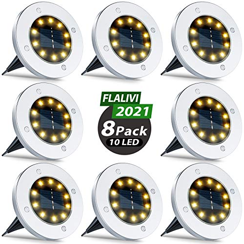 Flalivi Solar Ground Lights - 10 LED Solar Garden Lights Outdoor Waterproof Bright in-Ground Lights for Lawn Pathway Yard Driveway (8 Packs)