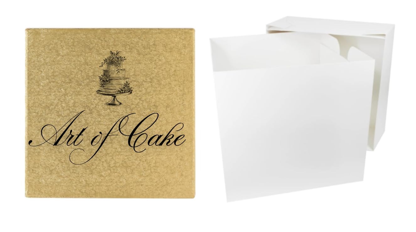Art of cake* SQUARE CAKE BOARD AND WHITE TALL CAKE BOX (14 inch, Gold)