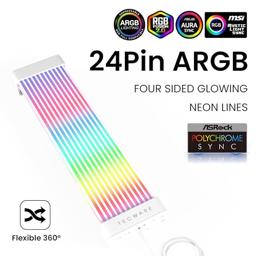 Image of TECWARE Flex RGB Cable Cover Kit | Compatible with 24-Pin Motherboard and 8-Pin /16-Pin GPU | ARGB PSU Cable Extension with 5V 3-Pin Sync | RGB Lighting Kit for PC Cables | White