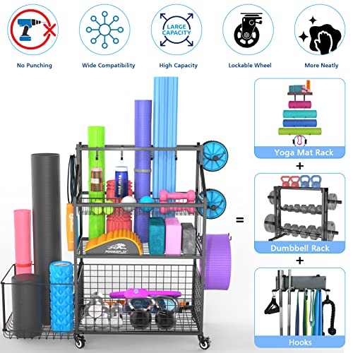 Home Gym Storage, Bergfore Yoga Mat Storage Racks, Gym Rack Organizer For Dumbbells Kettlebells Foam Roller, Yoga Strap And Resistance Band, Workout Equipment Storage Organizer With Wheels And Hooks #TOP4