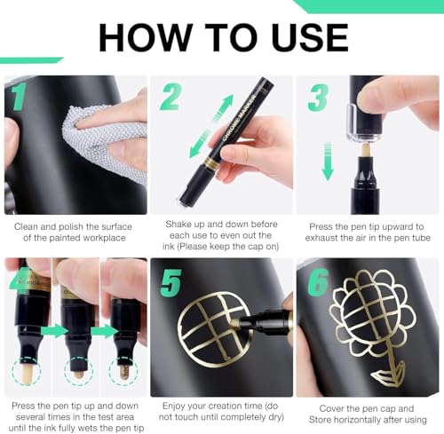 Image of Amitasha 6 Gold Chrome Paint Pens Markers, Premium Mirror Paint Pens for Resin, Glass, Plastic, Steel, Canvas, Stone, Rock Painting, Ceramic Surfaces, DIY Crafts Making Art Supplies