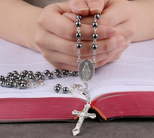 HanlinCC 6mm Black Hematite Stone Beads Miraculous, Lourdes, Guadalupe, St.Michael, Scared Heart Jesus Catholic Rosary Necklace with Metal Gift Box for Men and Women4
