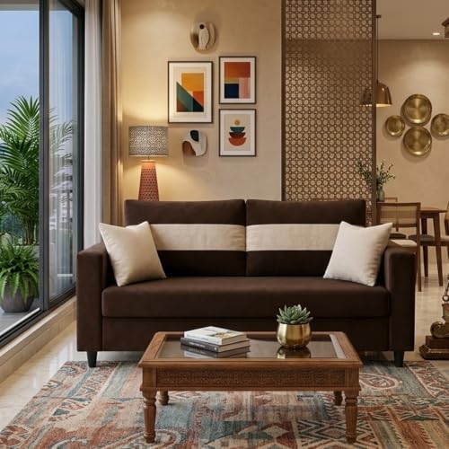 Image of FURNY Luxury Conva 2 Seater Sofa Set for Living Room |Soft Suede Fabric Upholstered | Modern Cushioned Comfortable Couch for Home Office & Drawing Room | Dark Brown