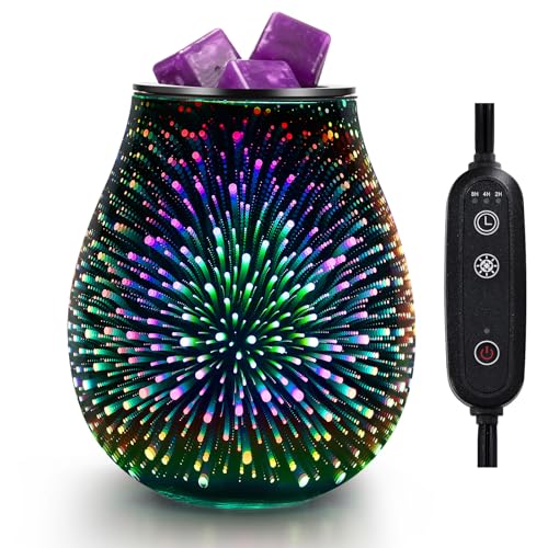 Image of Inrorans Glass Electric Wax Melt Warmer Oil Burner with Stable Heating PTC Reusable Silicone Tray 7 Colorful Changing Led Light Night Light Scent Warmer for Home Fragrance Warmers-Fireworks Timer