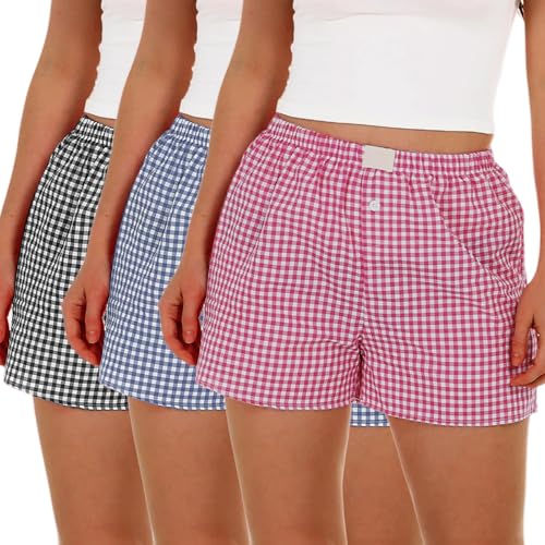 3 Pack Women's Boxer Shorts, Casual Summer Pajama Gingham Shorts Sleep Plaid Pants Lounge Y2k Beach Bottoms 2025