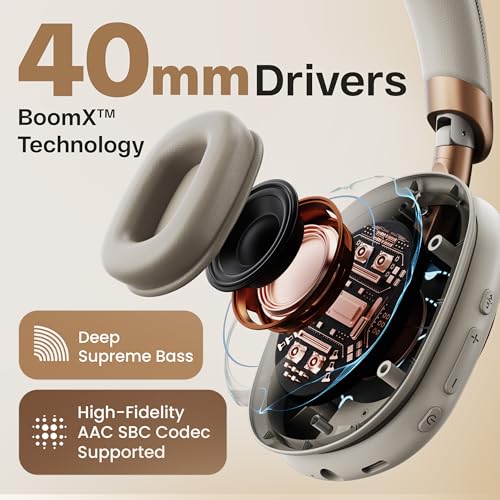 Image of GOBOULT Fluid X Headphones BT Wireless 60H Playtime, 40mm Bass Driver, Zen ENC Mic, Type-C Charging, Gaming Mode, BTv 5.4, Headphones Wireless with mic(Ivory White)