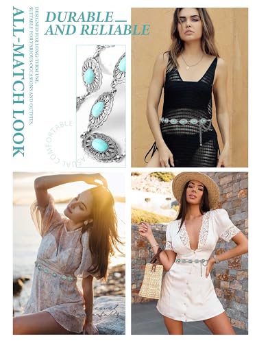 FIORETTO Concho Turquoise Chain Belt for Women, Metal Western Cowboy Cowgirl Waist Chain, Boho Country Style Belt for Dress & Jeans, Silver, Length 53inch — view 4