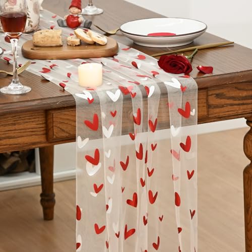 Artoid Mode Red Heart Gauze Table Runner 120 Inch 10FT,Glitter Metallic Foil Valentine’s Day Sheer Dining Anniversary Wedding Table Decor for Home Party
