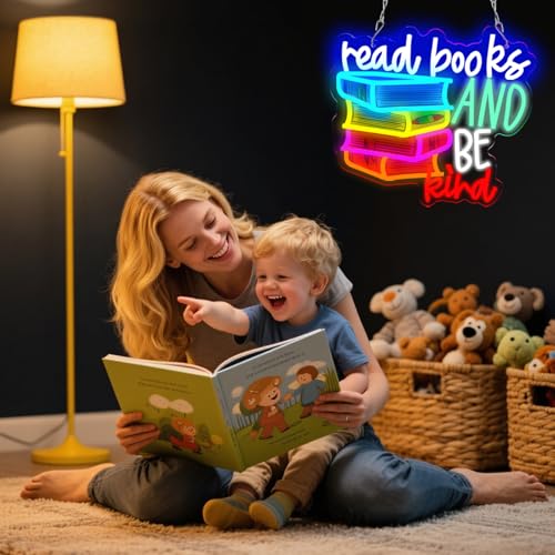 Image of LED Read Books Be Kind Neon Signs Classroom Neon Lights Wall Decor for Reading Room, Classroom, Bookstore, Library, Museum, Study Room Gifts Art for Book Lover, Kids,Friends,family-13.4 x 12.6 IN-USB Powered-Acrylic