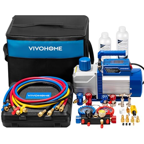 Image of VIVOHOME 110V 1 /2 HP 5CFM Dual Stage HVAC Vacuum Pump and 4 Way AC Manifold Gauge Kit, Sparkless Motor for R32 R1234yf R454B R134a R22 R410a Systems, Automotive Air Conditioner Maintenance