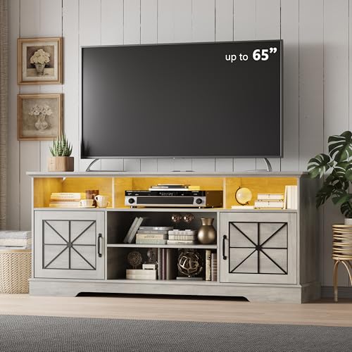 Image of Xixini Farmhouse TV Stand for 65 /60 /55 Inch Tvs, Rustic Entertainment Center with LED Lights and Power Outlets, Modern Media Console Table, Wood Television Furniture for Living Room, Bedroom, Grey
