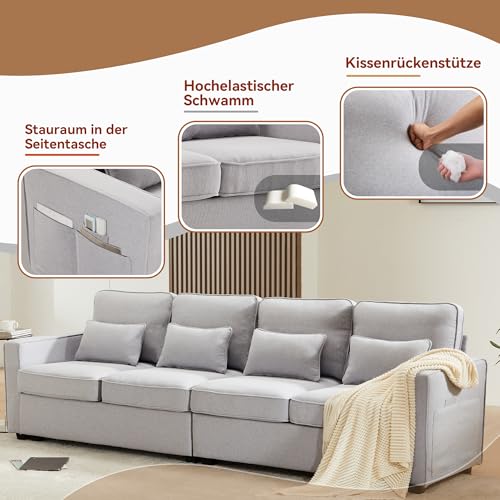 SEEDWAVE Big-Sofa 4-Sitzer großes Sofa, 264cm breites Leinen-Polstersofa, Recamiere mit Vier Lendenkissen,Big Sofa Für das Wohnzimmer (Hellgrau)