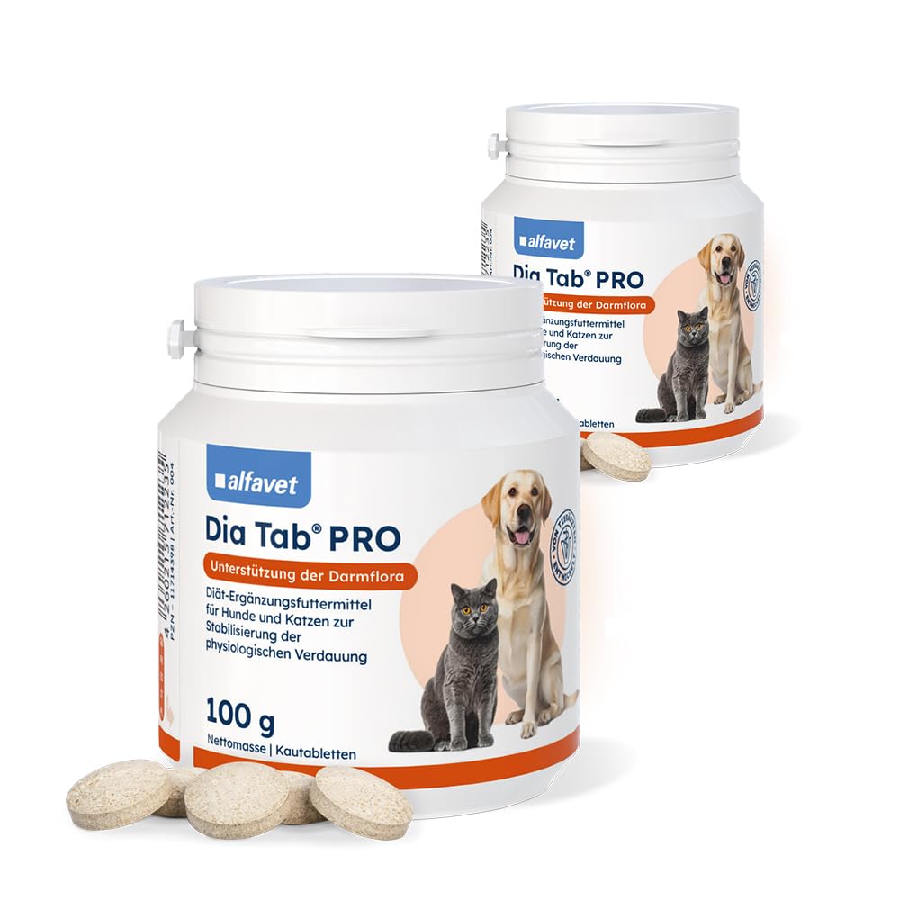 Alfavet Dia Tab Pro - boîte de 2 x 100 g - complément Alimentaire diététique pour Chiens et Chats - prébiotique probiotique - Environ 100 comprimés à mâcher