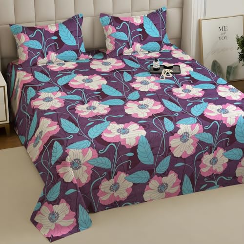 Image of Weave & Decor Super Soft 144 TC 90x90 inches Printed Cotton Double Bed Bedsheet with Two Pillow Covers